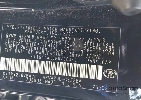 2023 Toyota Camry Se from USA, damaged, VIN 4T1G11AK6PU798343